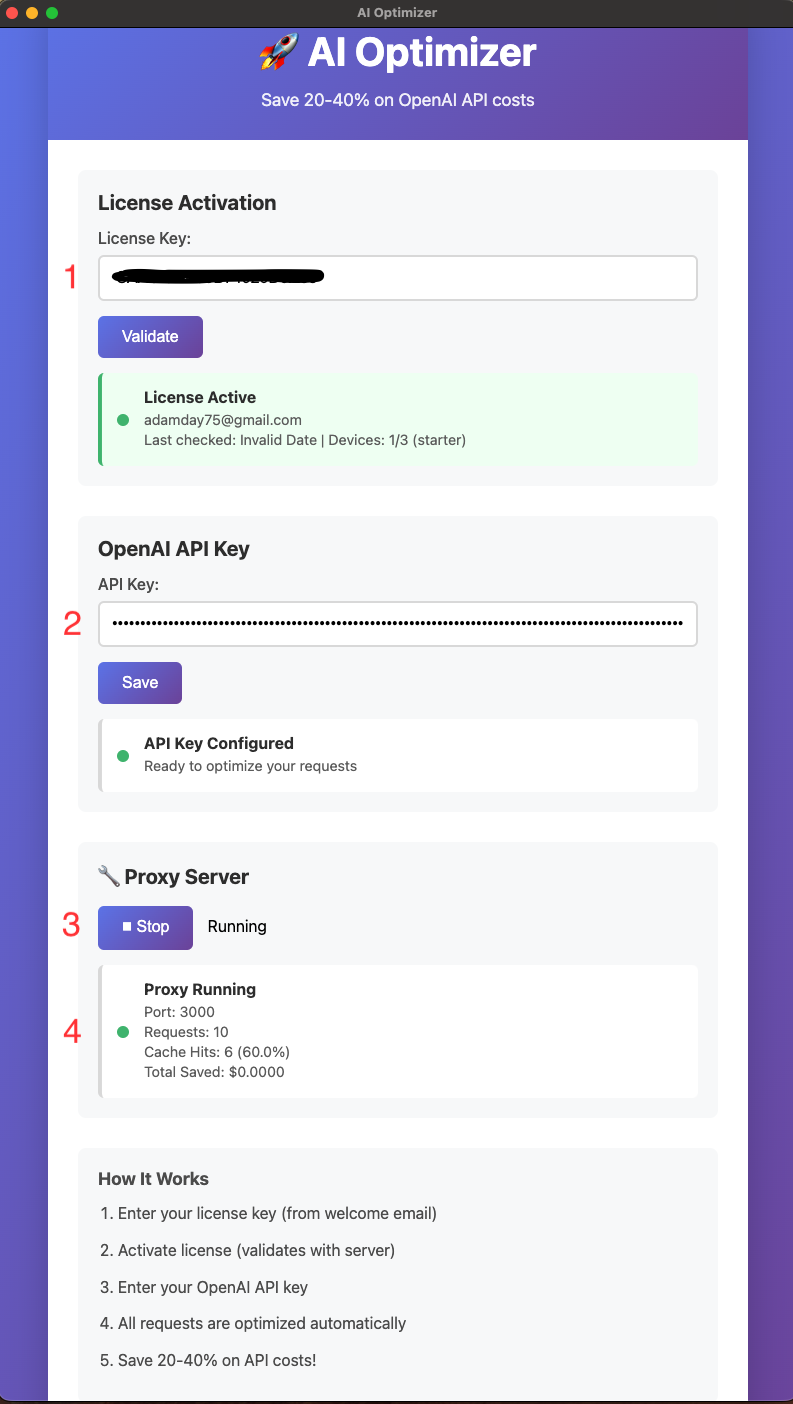 Annotated AI Optimizer app screenshot showing license entry, API key setup, proxy start, and cache-hit stats